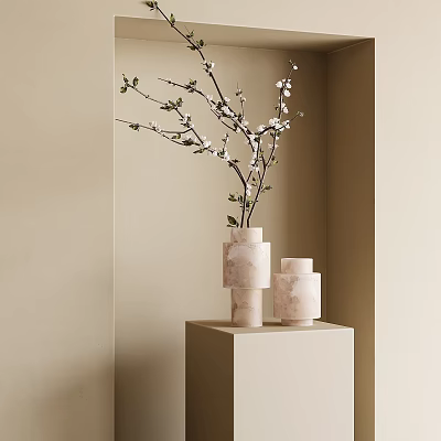 Elegant Stacked Marble Vases With White Blossom Branches On Light Pedestal Against Neutral Wall 3d model