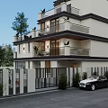 Modern Detached Villa Exterior with Multiple Balconies Large Windows Lush Trees and Driveway