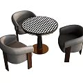 Round Black and White Checkered Table with Three Gray Upholstered Armchairs Set 3d model