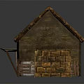 Residential Cottage with Wooden Structure Tile Roof Door Windows Side Ramp Railing and Wooden Barrel