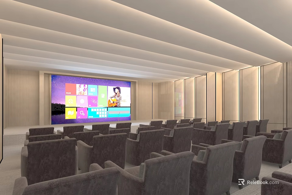 Modern Conference Room Interior With Large Screen And Rows Of Gray Seats 3d model 