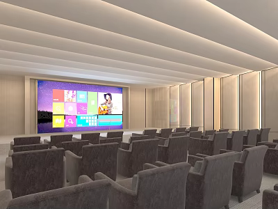 Modern Conference Room Interior With Large Screen And Rows Of Gray Seats 3d model