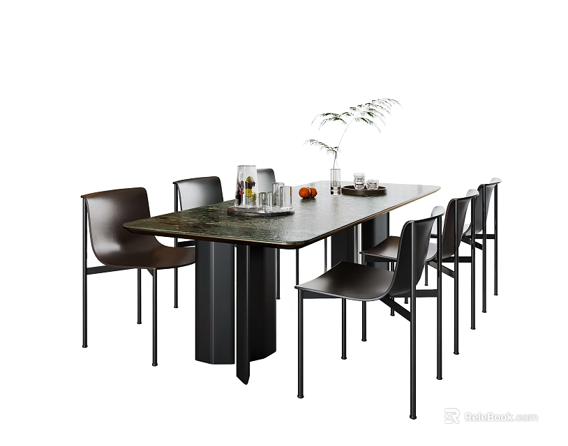 Modern Dining Table and Chairs Set with Dark Top Black Chairs and Decorative Vase 3d model 