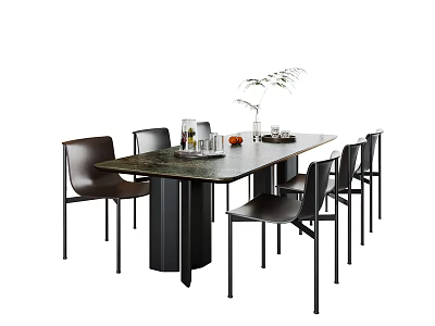 Modern Dining Table and Chairs Set with Dark Top Black Chairs and Decorative Vase 3d model