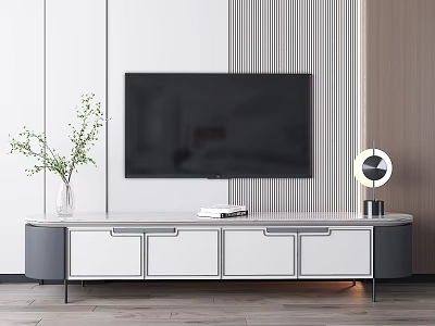 Modern TV Stand with Flat Screen TV Vase Plants and Decorative Lamp in Living Room 3d model