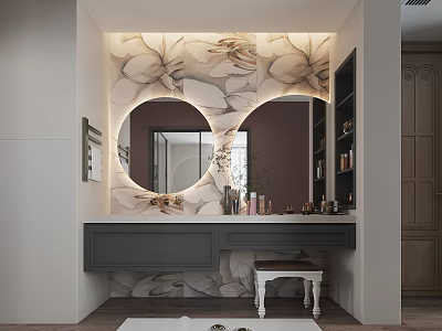 Modern Bathroom Vanity With Double Round Mirrors Floral Pattern Wall And Shelves With Toiletries 3d model