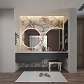 Modern Bathroom Vanity With Double Round Mirrors Floral Pattern Wall And Shelves With Toiletries