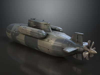 High Detail Camouflage Military Submarine 3D Model Display On Dark Glossy Reflective Gradient Background 3d model