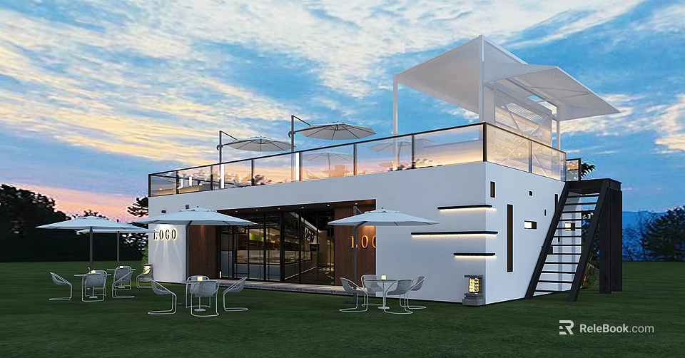 Modern Café Exterior Design With Outdoor Seating Area Lawn Umbrellas Glass Walls and Upper Deck 3d model 