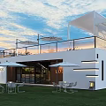 Modern Café Exterior Design With Outdoor Seating Area Lawn Umbrellas Glass Walls and Upper Deck