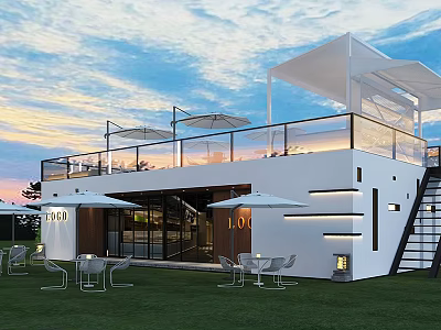 Modern Café Exterior Design With Outdoor Seating Area Lawn Umbrellas Glass Walls and Upper Deck 3d model