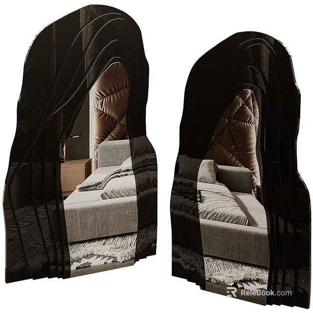 Mirrors Reflecting Modern Bedroom With Upholstered Headboard Bed And Nightstand 3d model 
