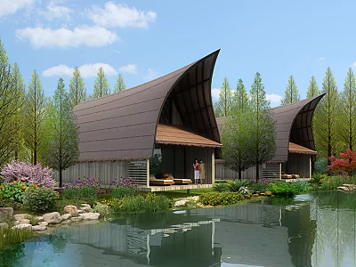 Natural Wooden House with Curved Roof Surrounded by Trees Near Pond and Lush Plants 3d model