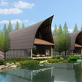 Natural Wooden House with Curved Roof Surrounded by Trees Near Pond and Lush Plants