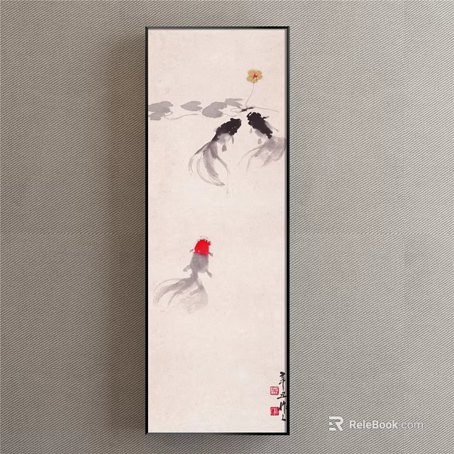 Traditional Ink Style Fish Painting With Black And Red Koi And Lotus Leaves 3d model 
