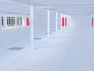 Bright Spacious Modern White Interior With Columns Red Doors And Windows 3d model