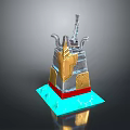 Scenic Landscape With Silver Golden Tower And Blue Reflective Water Base