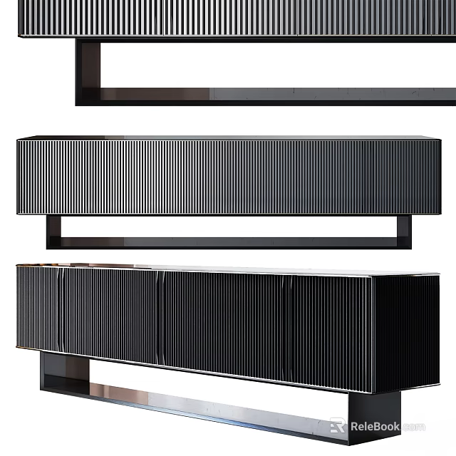 Modern Black Dresser With Vertical Striped Front And Metal Frame Design 3d model 