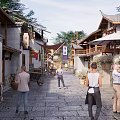 Traditional Park Landscape With Stone Pathway Architecture Flower Pots Lanterns Umbrella And Walking People