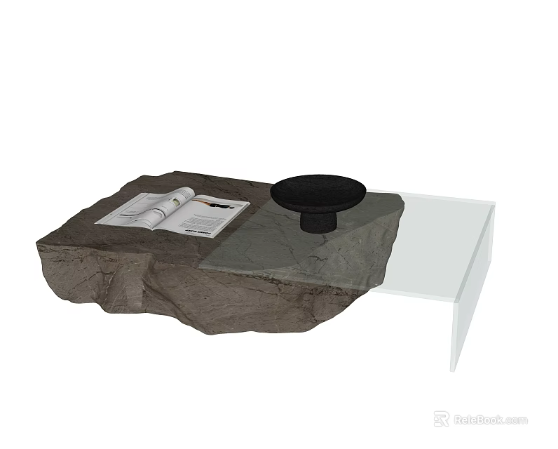 Natural Coffee Table Design Featuring Stone Top Glass Section Black Tray And Open Magazine 3d model 