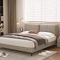 Double Bed With Grey Upholstered Headboard White Sheets Brown Pillow And Nightstand Lamp