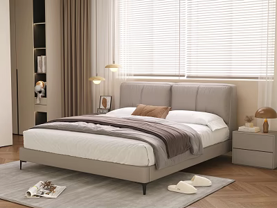 Double Bed With Grey Upholstered Headboard White Sheets Brown Pillow And Nightstand Lamp 3d model
