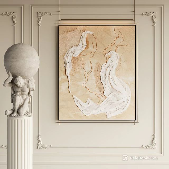 Abstract Painting Featuring White Textured Patterns On Beige Background With Decorative Wall Statue 3d model