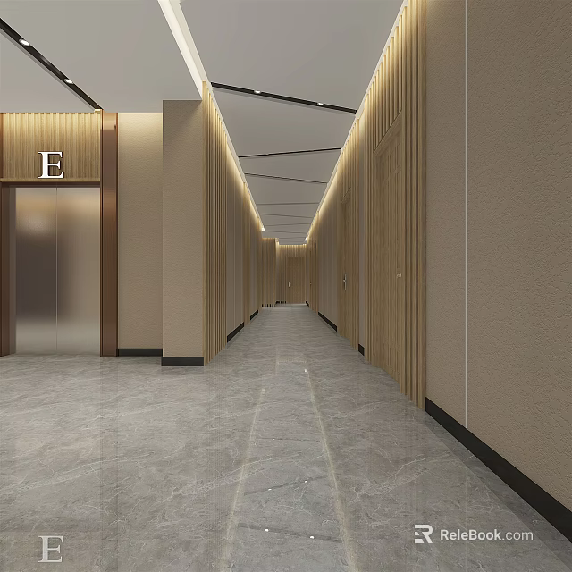 Modern Elevator Hallway With Wooden Walls Marble Flooring And Ceiling Lights 3d model 