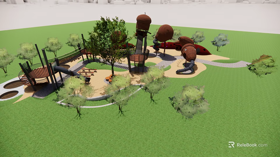 Children's Playground Design With Climbing Towers Slides Trees Pathways And Grass Area 3d model 