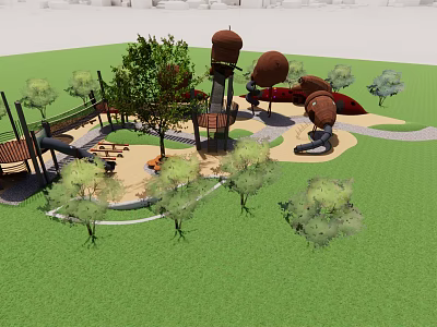Children's Playground Design With Climbing Towers Slides Trees Pathways And Grass Area 3d model