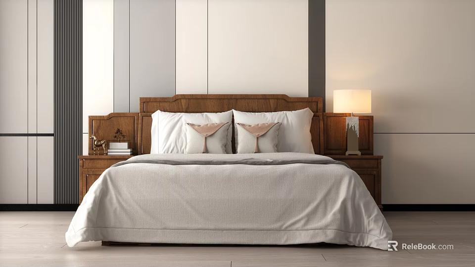 Modern Double Bed With Wooden Headboard White Bedding Pink Accent Pillows And Nightstand Lamp 3d model 