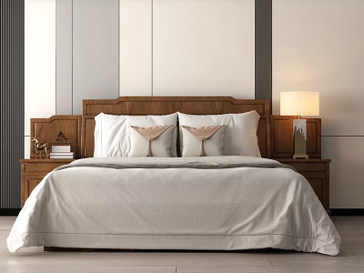 Modern Double Bed With Wooden Headboard White Bedding Pink Accent Pillows And Nightstand Lamp 3d model