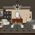 Elegant Modern Living Room Interior With Beige Sofa Black Circular Screen Chandelier And Geometric Rug