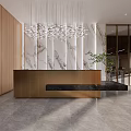 Modern Office Reception Area With Stylish Desk Green Wall Marble Floor And Glass Partitions