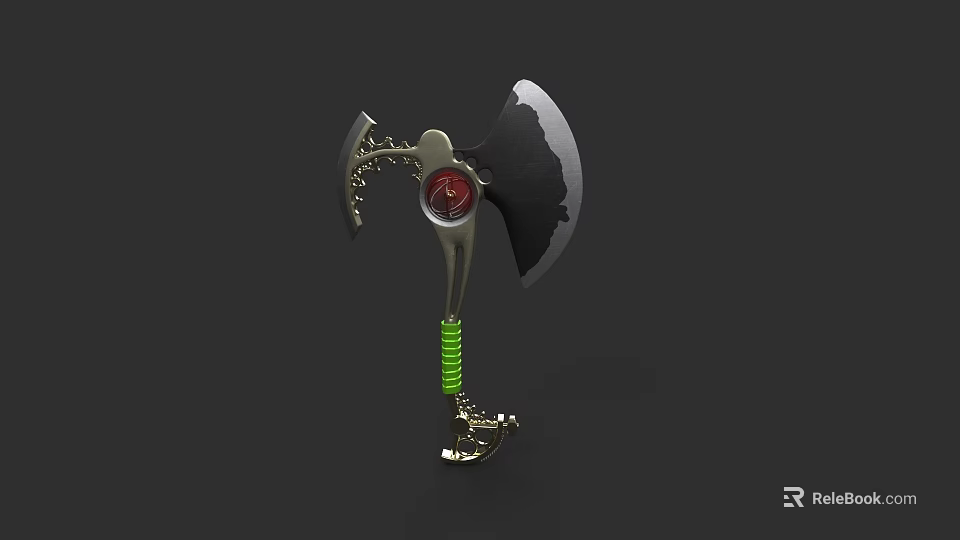 Mechanical Axe Weapon With Green Spring Red Circular Core And Metal Structure 3d model 