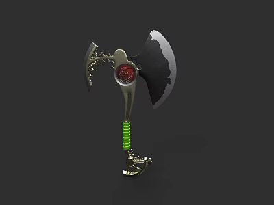 Mechanical Axe Weapon With Green Spring Red Circular Core And Metal Structure 3d model