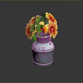 Artistic Sculpture Carving of Sunflowers in Gray Metal Bucket with Green Leaves
