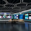 High Tech Control Room With Multiple Screens Sofa Black Floor And Blue Lighting 3d model