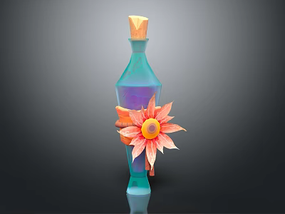 Decorative Blue Bottle With Wooden Cork And Orange Pink Flower Decoration 3d model