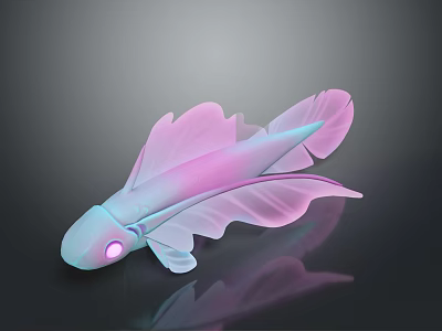 Aquatic fish with pink blue gradient transparent fins and glowing purple eyes on dark background 3d model