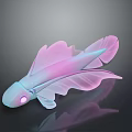 Aquatic fish with pink blue gradient transparent fins and glowing purple eyes on dark background