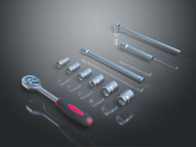 Professional Socket Wrench Set with Different Size Sockets and Extension Bars 3d model