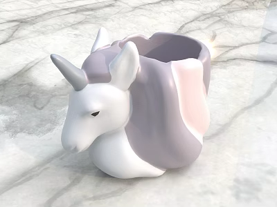 Cute Unicorn Shaped Cup With White Purple Pink Design On Marble Surface 3d model