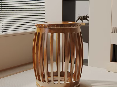 Wooden Slatted Side Table in Modern Living Room with Window Blinds 3d model