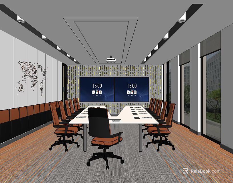 Modern Conference Room Interior With Long Table Brown Chairs Dual Screens And World Map 3d model 