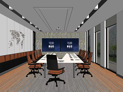 Modern Conference Room Interior With Long Table Brown Chairs Dual Screens And World Map 3d model