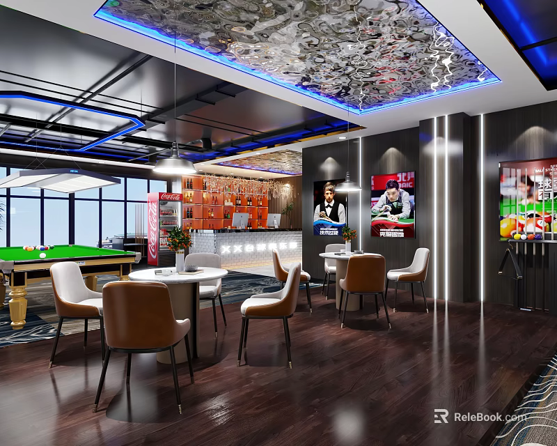 Modern Billiard Room Interior Design With Pool Table Seating And Decorative Posters 3d model