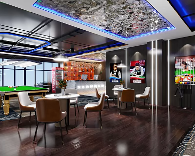 Modern Billiard Room Interior Design With Pool Table Seating And Decorative Posters 3d model