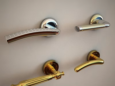 Elegant Metal Door Handles In Gold And Silver With Modern Classic Designs On Wall 3d model