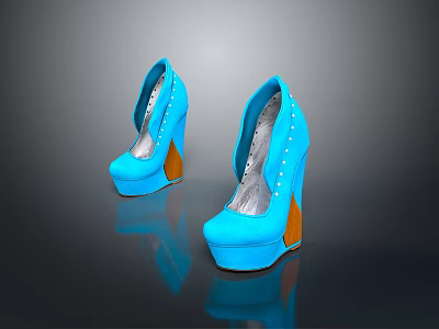 Stylish Blue High Heels With Orange Heel Silver Interior And Decorative Studs 3d model